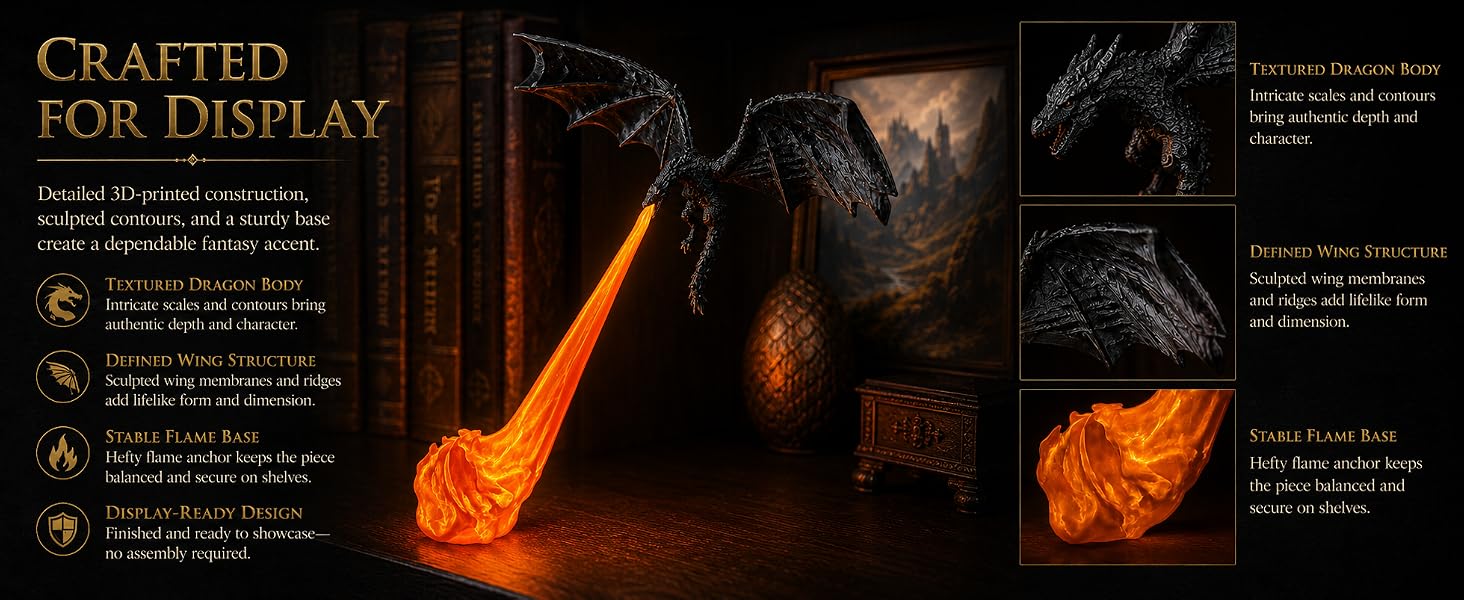 Close details of the textured dragon body, wings and flame base